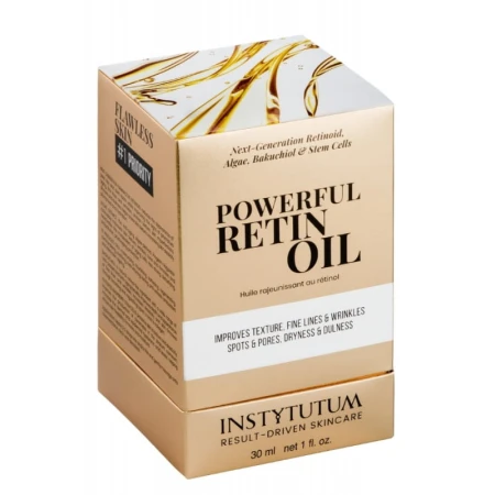 Gold INSTYTUTUM Powerful Retin Oil carton showing 30 ml size and key actives for wrinkles, pigmentation and dry texture.
