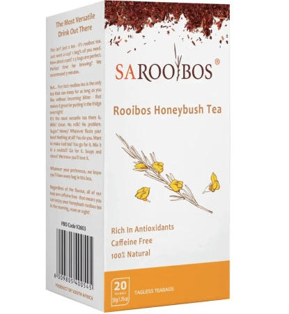 SAROOBOS Rooibos Honeybush Tea box in white and orange packaging with flowering branch illustration and 20 caffeine-free tea bags.