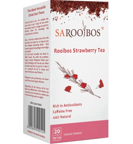 SAROOBOS Rooibos Strawberry Tea box in white and pink packaging with red flower illustration and 20 caffeine-free tea bags.