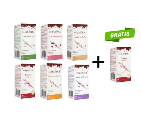 Set of six SAROOBOS tea flavours arranged in two rows: Green Rooibos, Strawberry, Vanilla, Organic, Honeybush and Earl Grey.