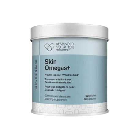 Blue Advanced Nutrition Programme Skin Omegas+ container with 60 capsules for skin nourishment and glow.