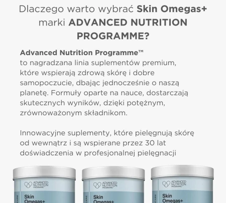 Promotional graphic for Advanced Nutrition Programme Skin Omegas+ with three product containers and science-led brand message.
