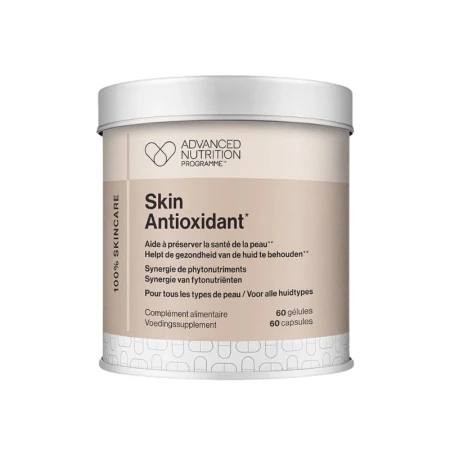 White Advanced Nutrition Programme Skin Antioxidant container with brown label and 60 capsules for antioxidant skin support.
