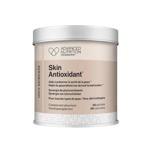 White Advanced Nutrition Programme Skin Antioxidant container with brown label and 60 capsules for antioxidant skin support.