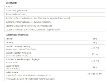 Ingredient table for one Skin Antioxidant capsule with bilberry, beta-carotene, green tea, lutein, lycopene, grape seed and turmeric.
