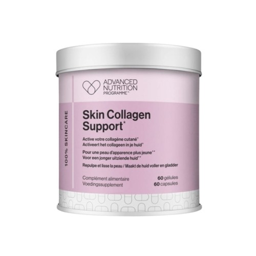 Advanced Nutrition Programme Skin Collagen Support white and pink container with 60 capsules for collagen-focused skin support.