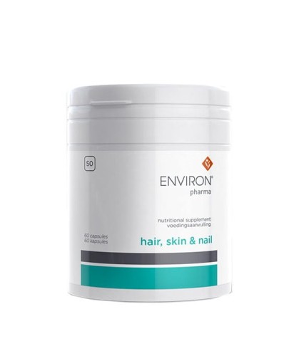White round ENVIRON PHARMA Hair, Skin, Nails supplement container with green label accents and product logo.
