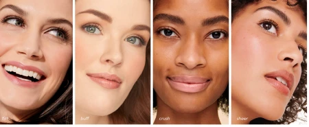 Four models wearing Jane Iredale Lip Drink shades Flirt, Buff, Crush and Sheer.