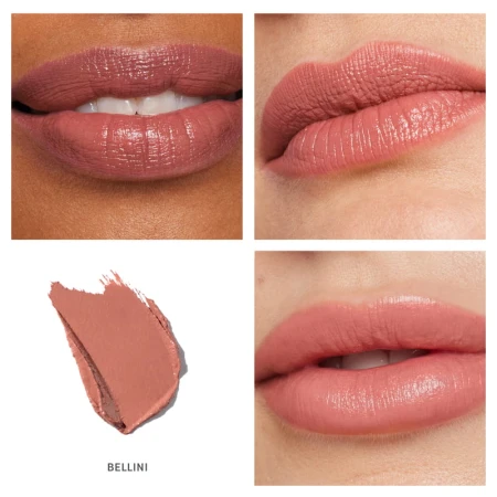 Bellini shade of Jane Iredale ColorLuxe lipstick in a warm apricot-peach nude.