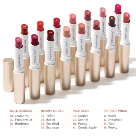 Jane Iredale ColorLuxe lipstick colour families: Bold Berries, Nearly Nudes, Rich Reds and Perfect Pinks.