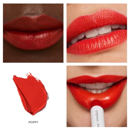 Poppy shade of Jane Iredale ColorLuxe lipstick in a vivid warm red with orange undertone.