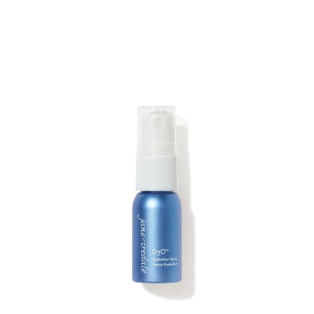Elegant blue mini Jane Iredale D2O Hydration Spray bottle with white atomizer, 12 ml, with ECOCERT marking.