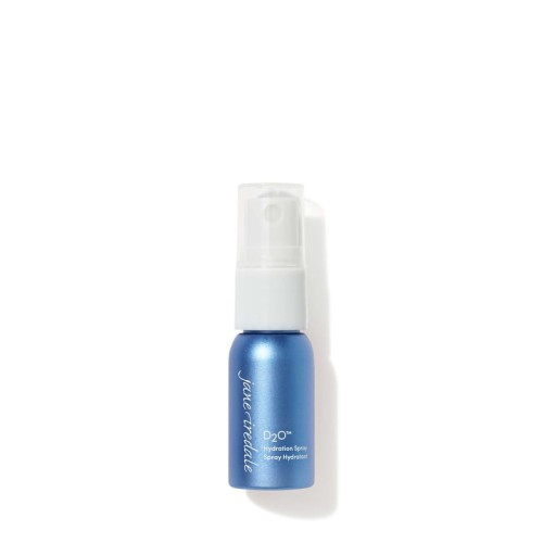 Elegant blue mini Jane Iredale D2O Hydration Spray bottle with white atomizer, 12 ml, with ECOCERT marking.