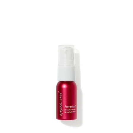 Elegant red mini Jane Iredale Pommist Hydration Spray bottle with white atomizer, 12 ml, with ECOCERT marking.