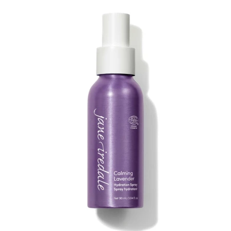 Jane Iredale Lavender Hydration Spray 90 ml purple bottle with white atomizer and ECOCERT marking.