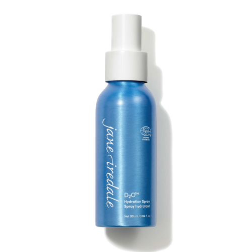 Elegant blue Jane Iredale D2O Hydration Spray bottle with white atomizer, 90 ml, with ECOCERT marking.
