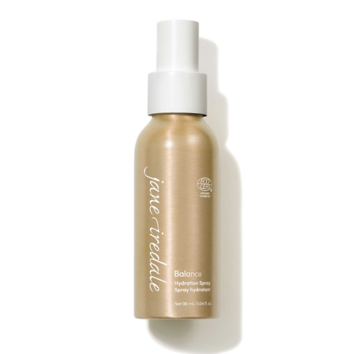 Elegant gold Jane Iredale Balance Hydration Spray bottle with white atomizer, 90 ml, with ECOCERT marking.