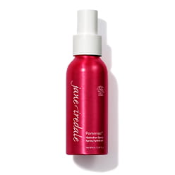 Elegant red Jane Iredale Pommist Hydration Spray bottle with white atomizer, 90 ml, with ECOCERT marking.