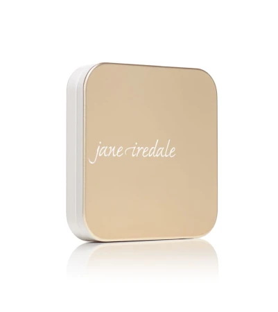 Closed gold Jane Iredale refillable compact with minimalist elegant design and brand logo.