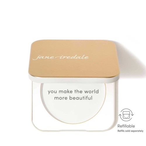 Gold and white Jane Iredale refillable compact with minimalist design and front text “you make the world more beautiful”.