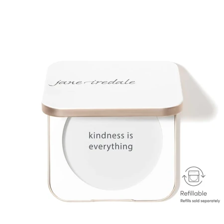 White Jane Iredale refillable compact with minimalist design and front text “you make the world more beautiful”.