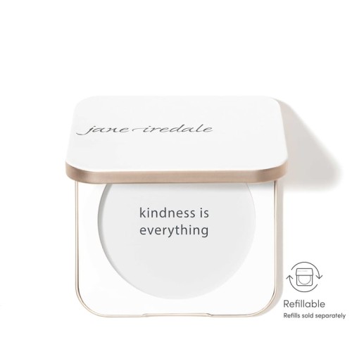 White Jane Iredale refillable compact with minimalist design and front text “you make the world more beautiful”.