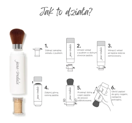 Step-by-step instruction graphic for inserting a Powder-Me SPF refill canister into the brush.