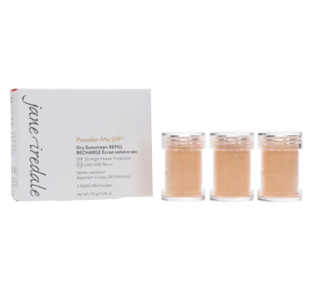 Jane Iredale Powder-Me SPF 30 Dry Sunscreen Refill three-pack in minimalist packaging.