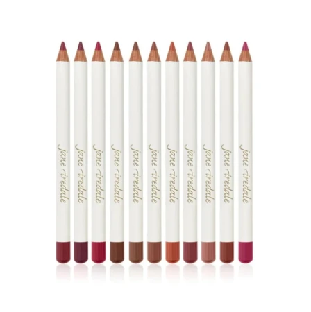 Set of Jane Iredale Lip Pencils with white barrels and colour-coded tips in reds, roses, browns and nude shades.