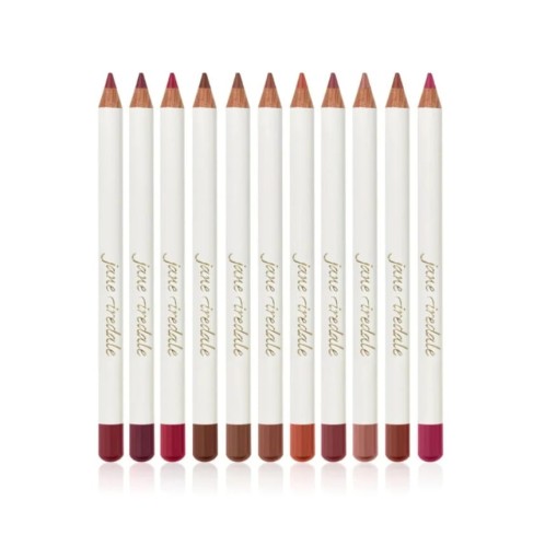 Set of Jane Iredale Lip Pencils with white barrels and colour-coded tips in reds, roses, browns and nude shades.