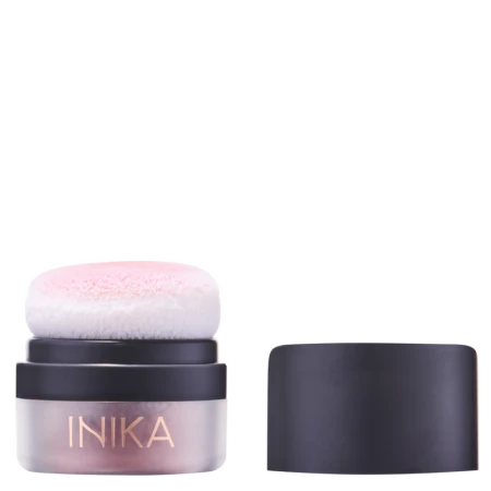 INIKA Organic Mineral Blush Puff Pot ROSY GLOW with soft puff applicator in compact packaging.
