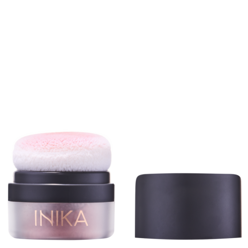 INIKA Organic Mineral Blush Puff Pot ROSY GLOW with soft puff applicator in compact packaging.