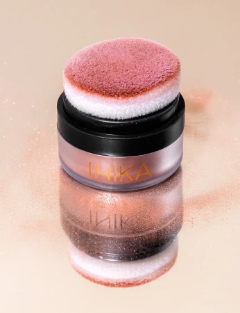 INIKA Organic Mineral Blush Puff Pot ROSY GLOW, loose blush in an elegant jar with puff applicator.