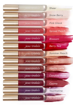 Full HydroPure Hyaluronic Lip Gloss shade range from translucent tones to reds and burgundies.