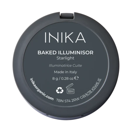 Back label of INIKA Organic Baked Illuminisor STARLIGHT compact highlighter.