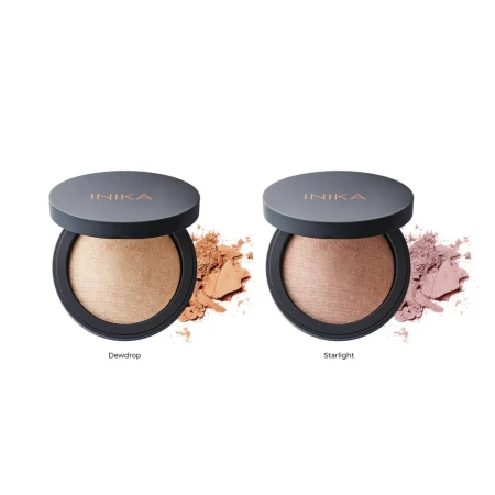 Two INIKA Organic Baked Illuminisor shades shown together: DEWDROP and STARLIGHT.