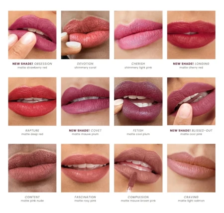 Jane Iredale Beyond Matte Lip Stain shades shown on models with shade names and finishes.
