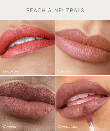 Peach and neutral Jane Iredale Beyond Matte Lip Stain shades shown on lips.