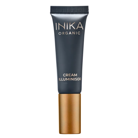 INIKA Organic Cream Illuminisor PINK PEARL tube in dark matte packaging with gold detail.