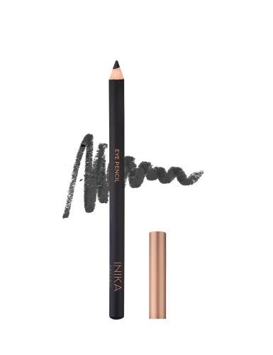 INIKA Organic Eye Pencil BLACK with gold cap and an intense black line swatch behind it.