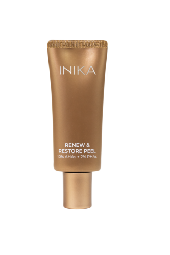 INIKA Organic Renew & Restore Peel in an elegant copper-gold tube with a matte finish.