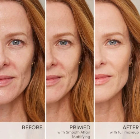 Before-and-after face images showing smoother and more matte-looking skin after primer and makeup.