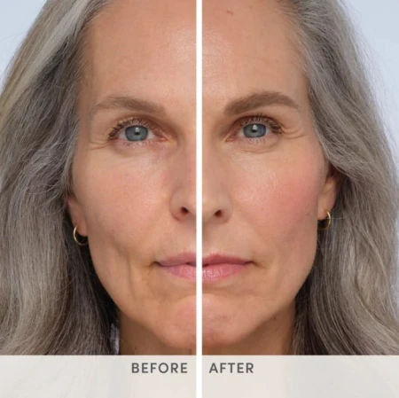 Before-and-after face images showing smoother, fresher and more radiant-looking skin after primer and makeup.