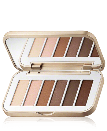 Open Jane Iredale eyeshadow palette with six warm neutral matte shades and a built-in mirror.