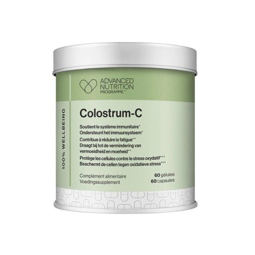White cylindrical Advanced Nutrition Programme Colostrum-C container with green label and 60 immune-support capsules.