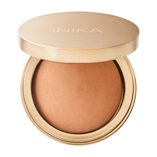 INIKA Organic Baked Mineral Bronzer in Sunkissed, an elegant gold compact with warm golden baked bronzer.