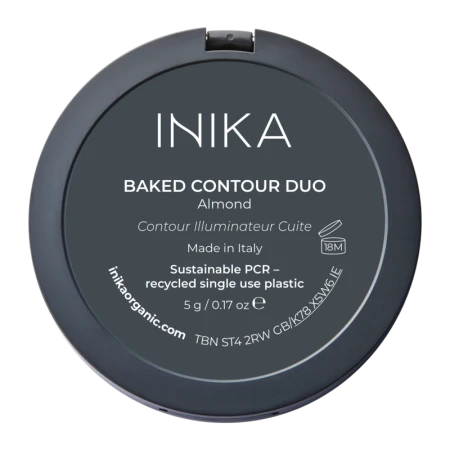 Back of INIKA Organic Baked Contour Duo in Almond, in a round matte graphite-black compact with product information.