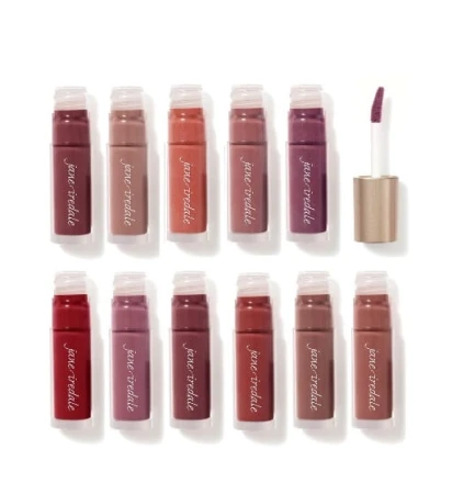 Jane Iredale Beyond Matte Lip Stain collection in transparent tubes showing multiple shades.
