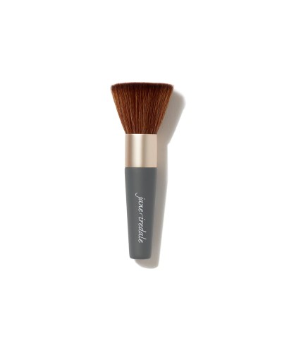 Jane Iredale The Handi Brush with short graphite handle and soft brown synthetic bristles.
