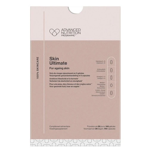 Advanced Nutrition Programme Skin Ultimate pink supplement pack containing 140 capsules for a 28-day programme.